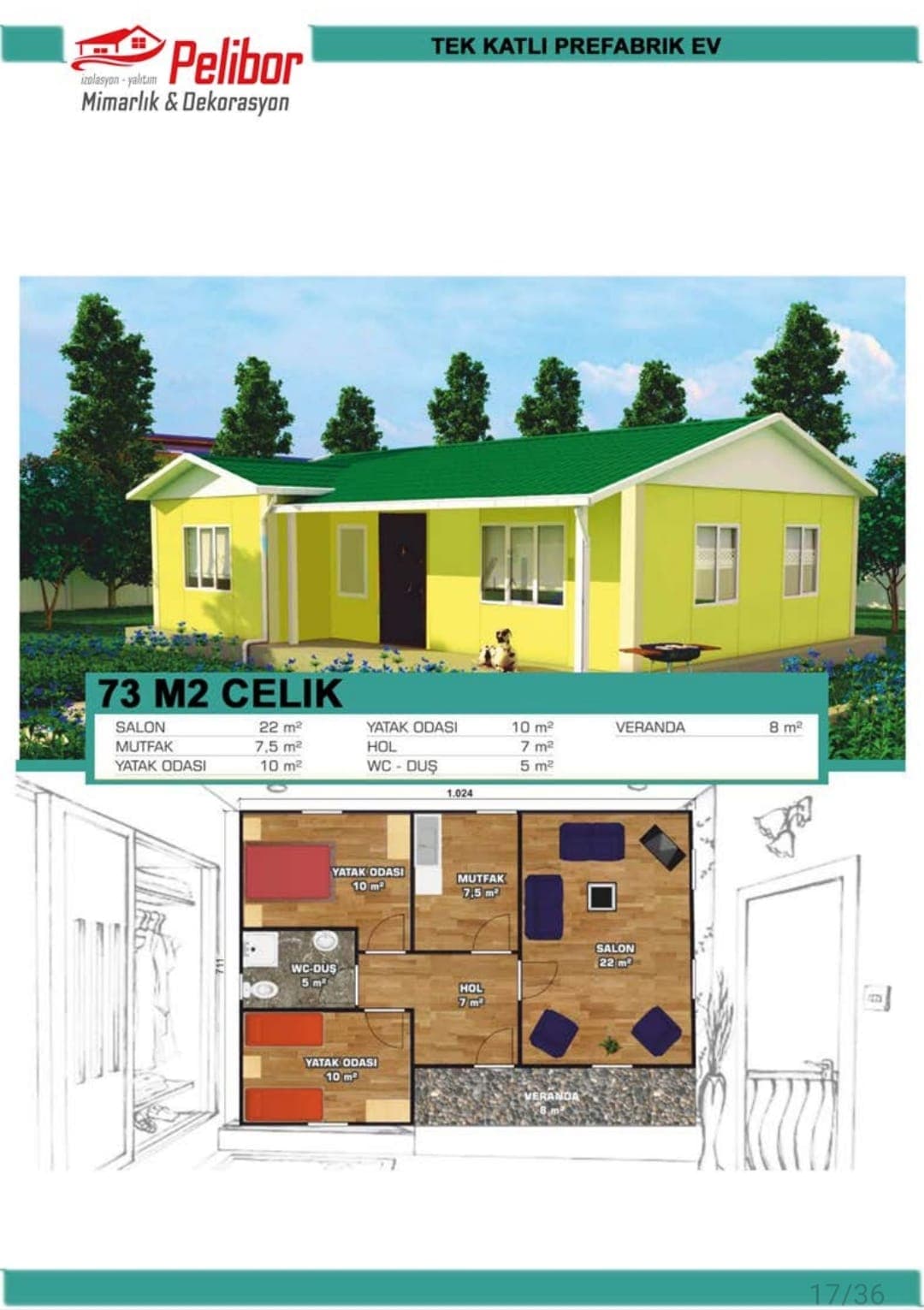 Tek Katlı Prefabrik Ev Kat Planı (73 m²)