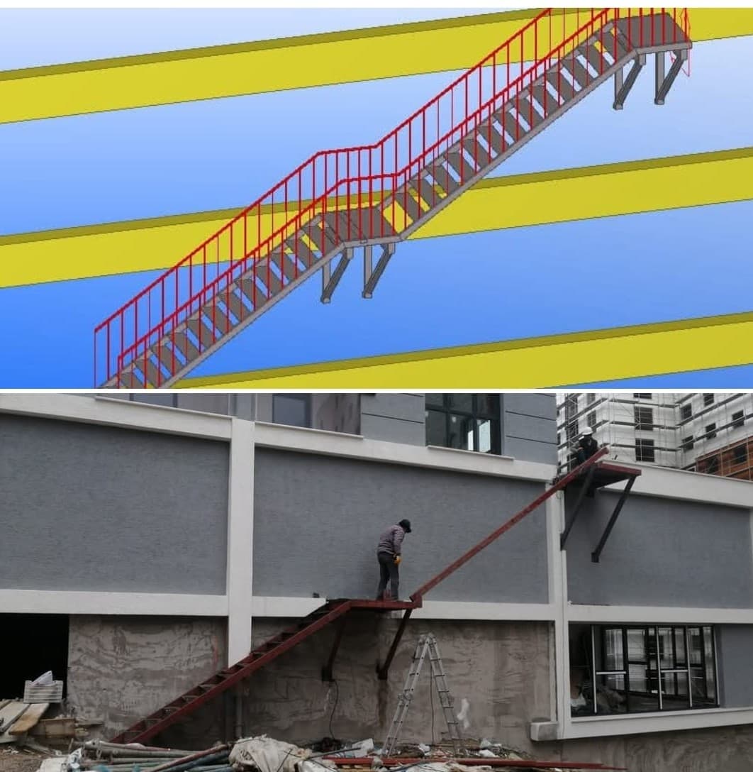 Kırmızı Yangın Merdiveni Montaj ve 3D Çizimi